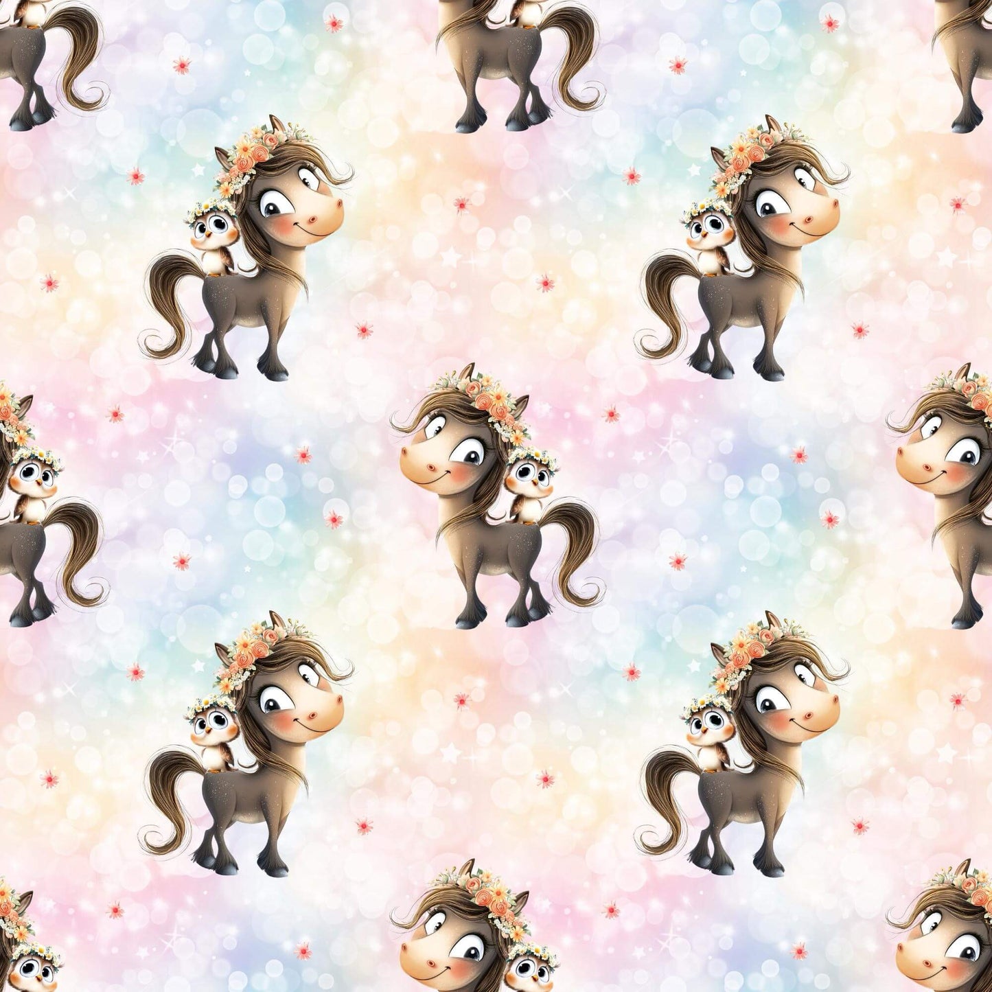 „French Terry Meterware mit Pferd und Eule – perfekt fuer Pullover & Pumphosen“