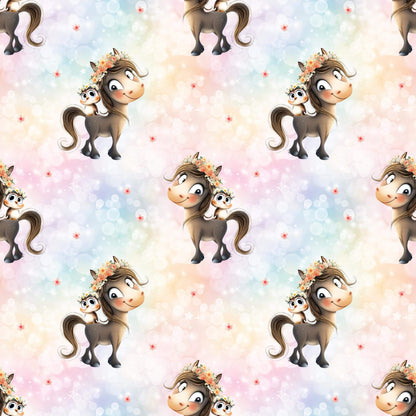 „French Terry Meterware mit Pferd und Eule – perfekt fuer Pullover & Pumphosen“