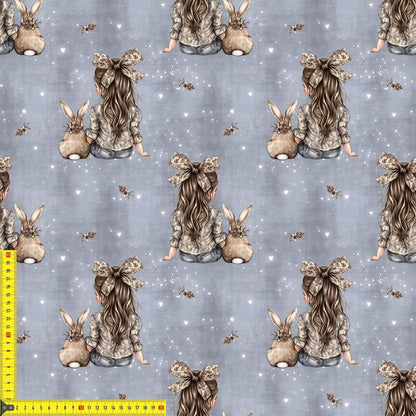 „French Terry Meterware mit Maedchen und Hase – perfekt fuer Pullover & Pumphosen“