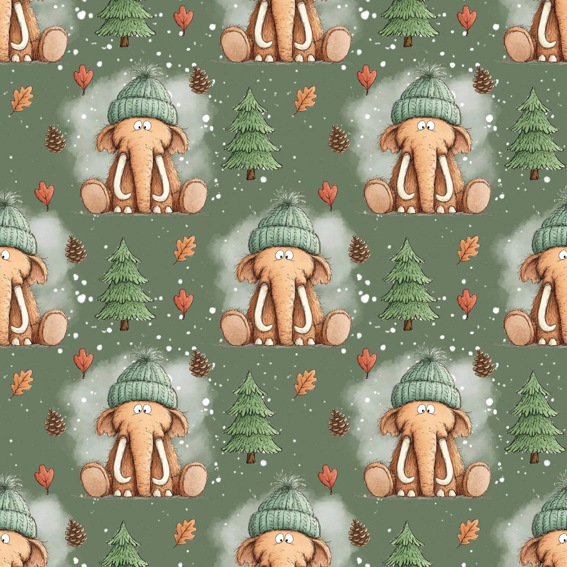 „French Terry Meterware mit Mammut und Laub – perfekt fuer Pullover & Pumphosen“