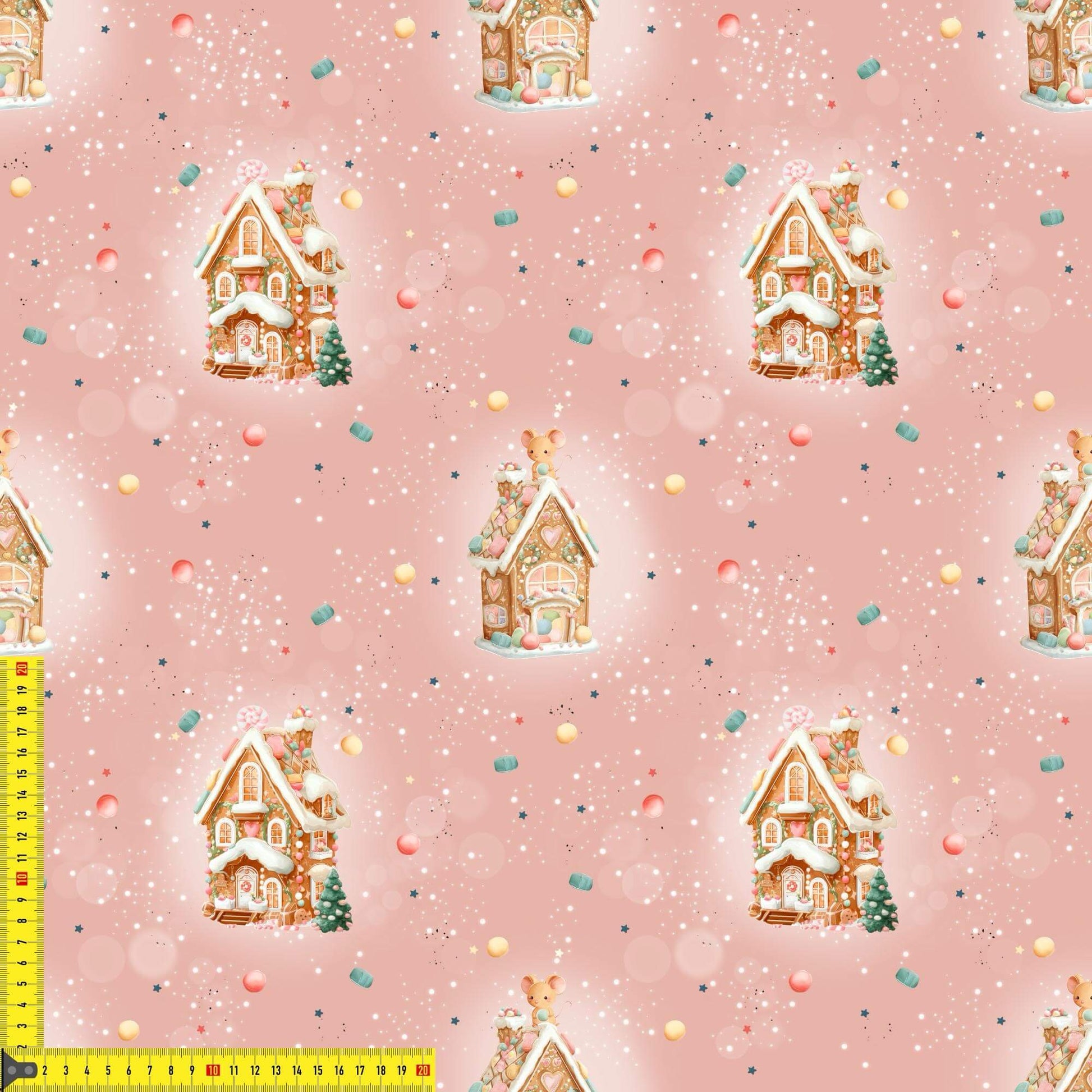 „French Terry Meterware mit rosa Lebkuchenhäusern – perfekt für Pullover & Pumphosen“
