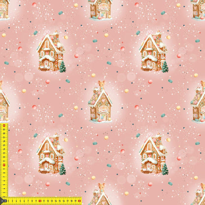 „French Terry Meterware mit rosa Lebkuchenhäusern – perfekt für Pullover & Pumphosen“