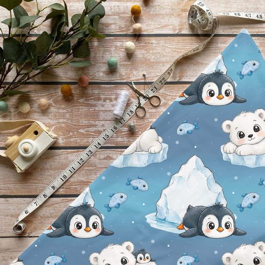 Frostfreunde Kinderstoff Meterware mit Pinguin und Eisbär Motiv, OEKO-TEX 100 Jersey Stoff für Baby- und Kindermode