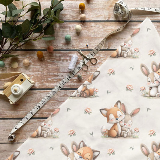 Kinderstoffe Meterware Fuchs Hase Waldtiere Blüten Baumwolle