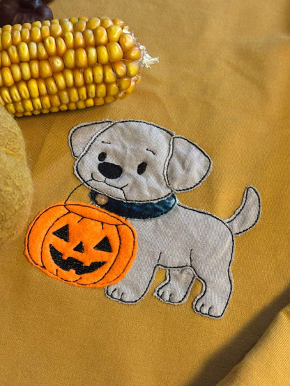 Halloween Stickdatei Hund mit Kürbis – digitaler Download für Babykleidung