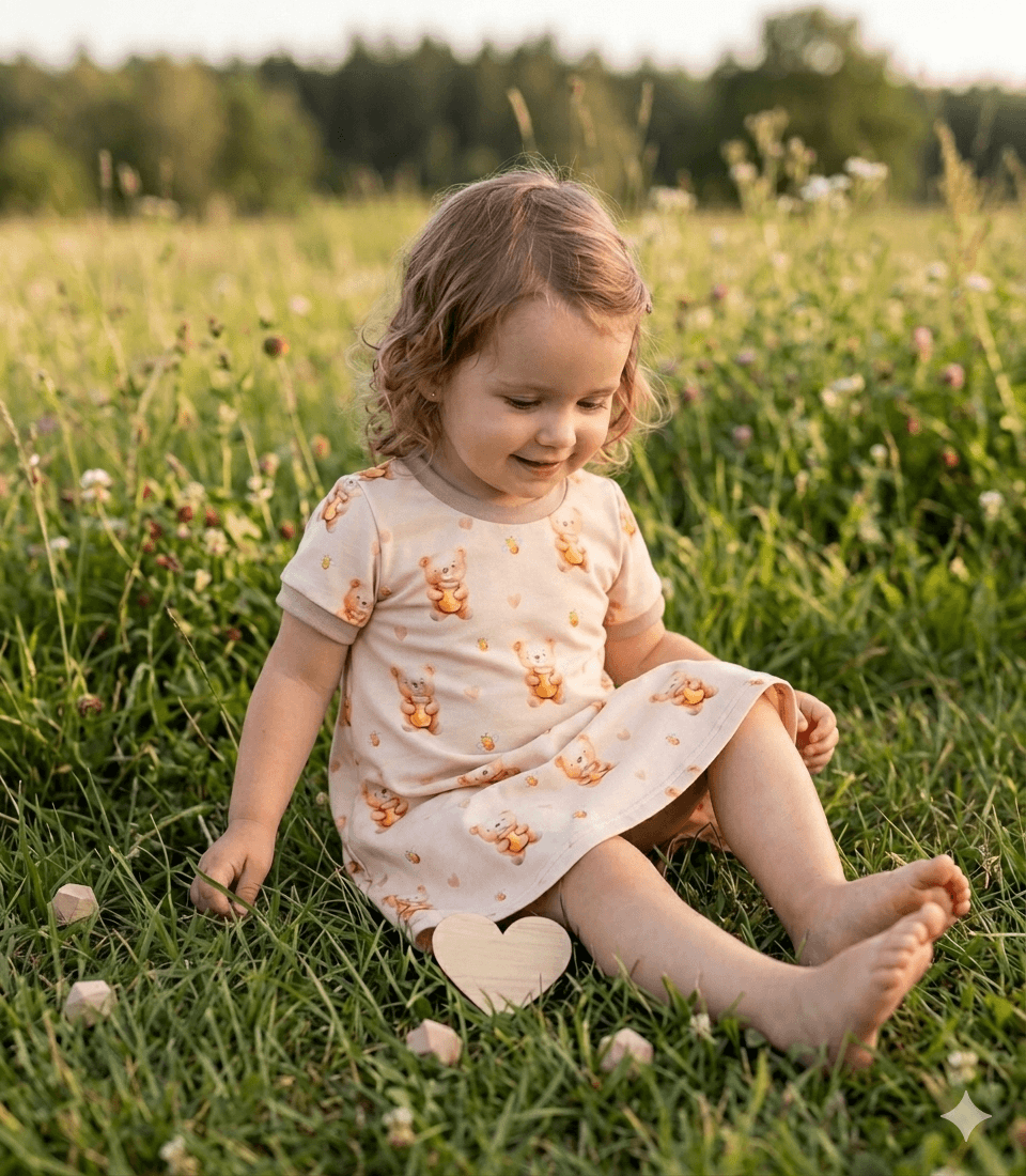 Handmade Kinderkleid Honig Bär beige flach liegend
