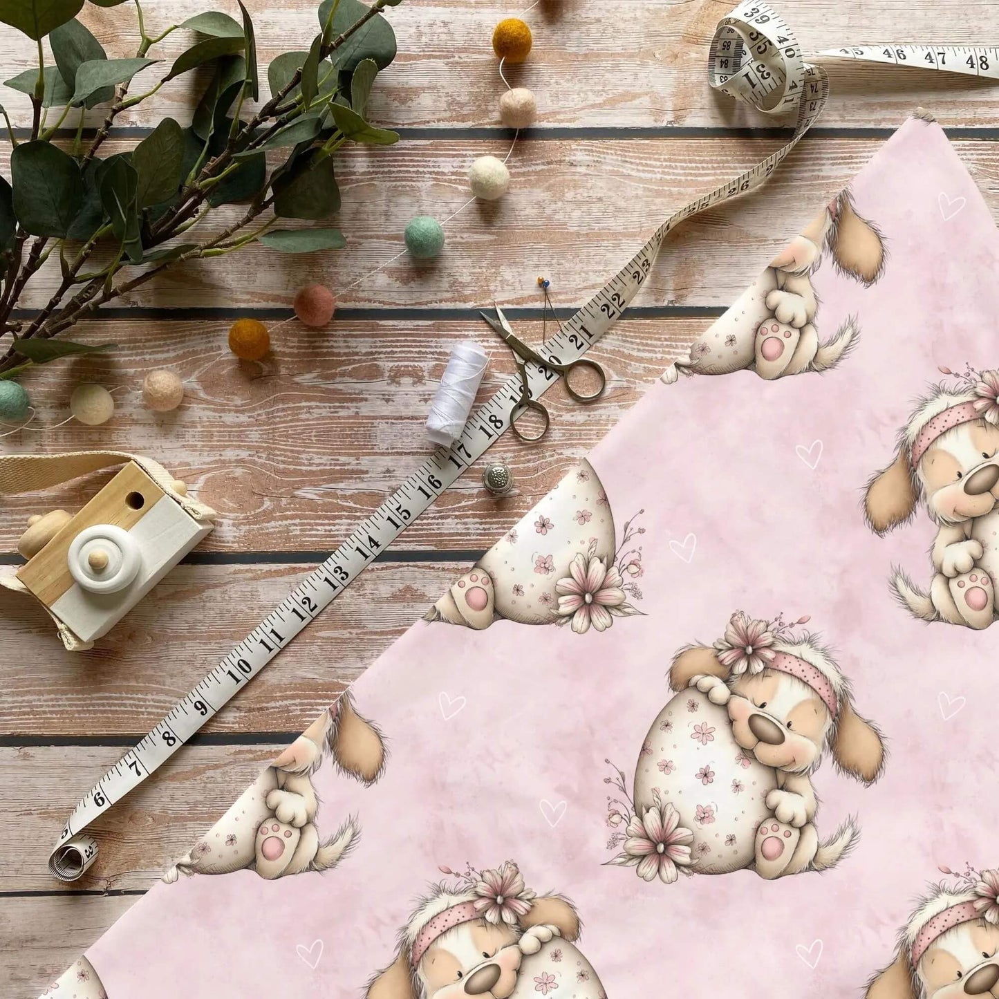 Stoff Meterware Hund mit Ei Jersey Kinderstoff rosa
