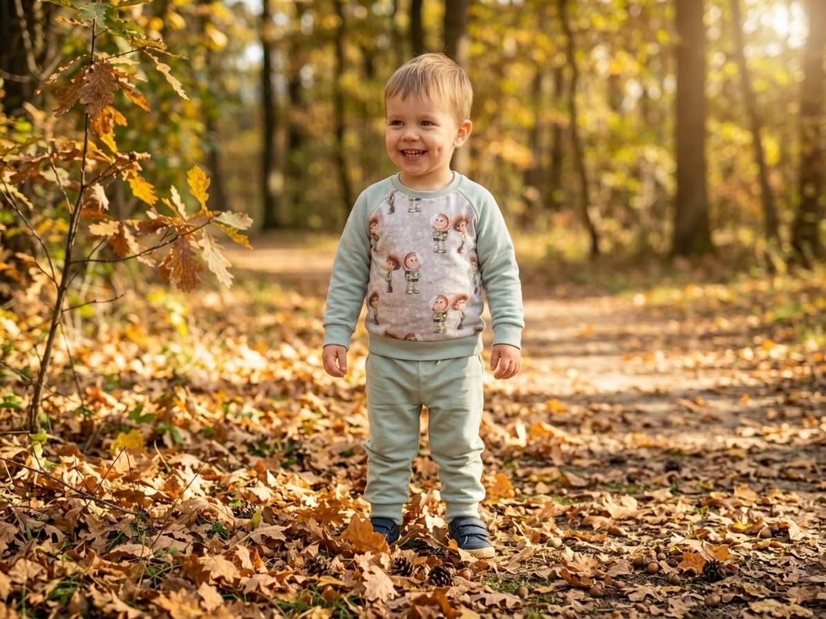 Kind trägt grünes Set Spielzeugfreunde Gr. 98 beim Spielen im Herbstwald
