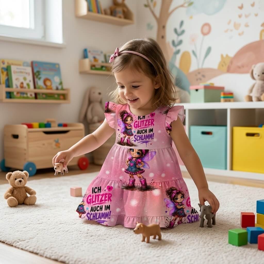 Schlammglitzer Mädchenstoff Lifestyle-Szene mit Feen-Kuscheltier und Glitzerdeko im Kinderzimmer, OEKO-TEX 100 French Terry Mädchenstoff