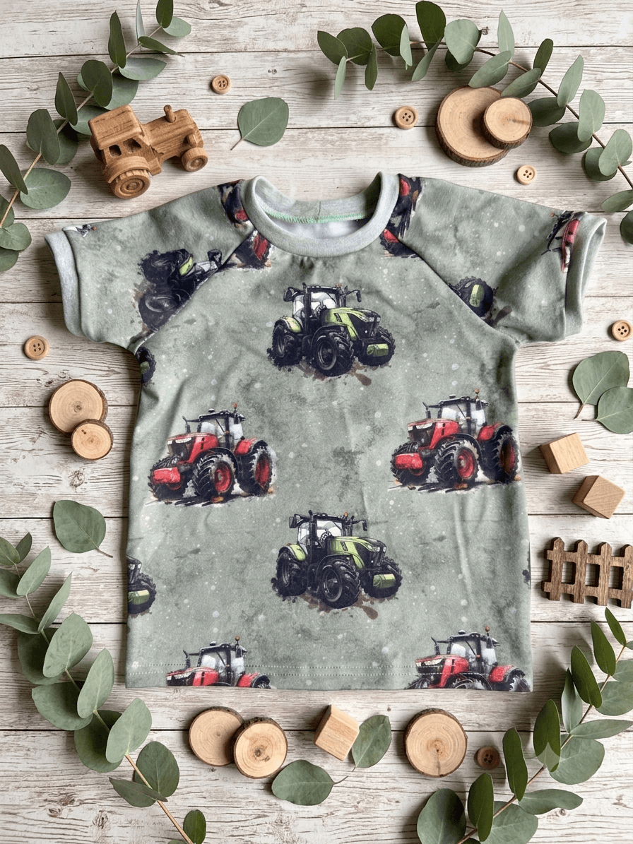 Handgemachtes Raglan T-Shirt Größe 98 mit Traktor-Motiv
