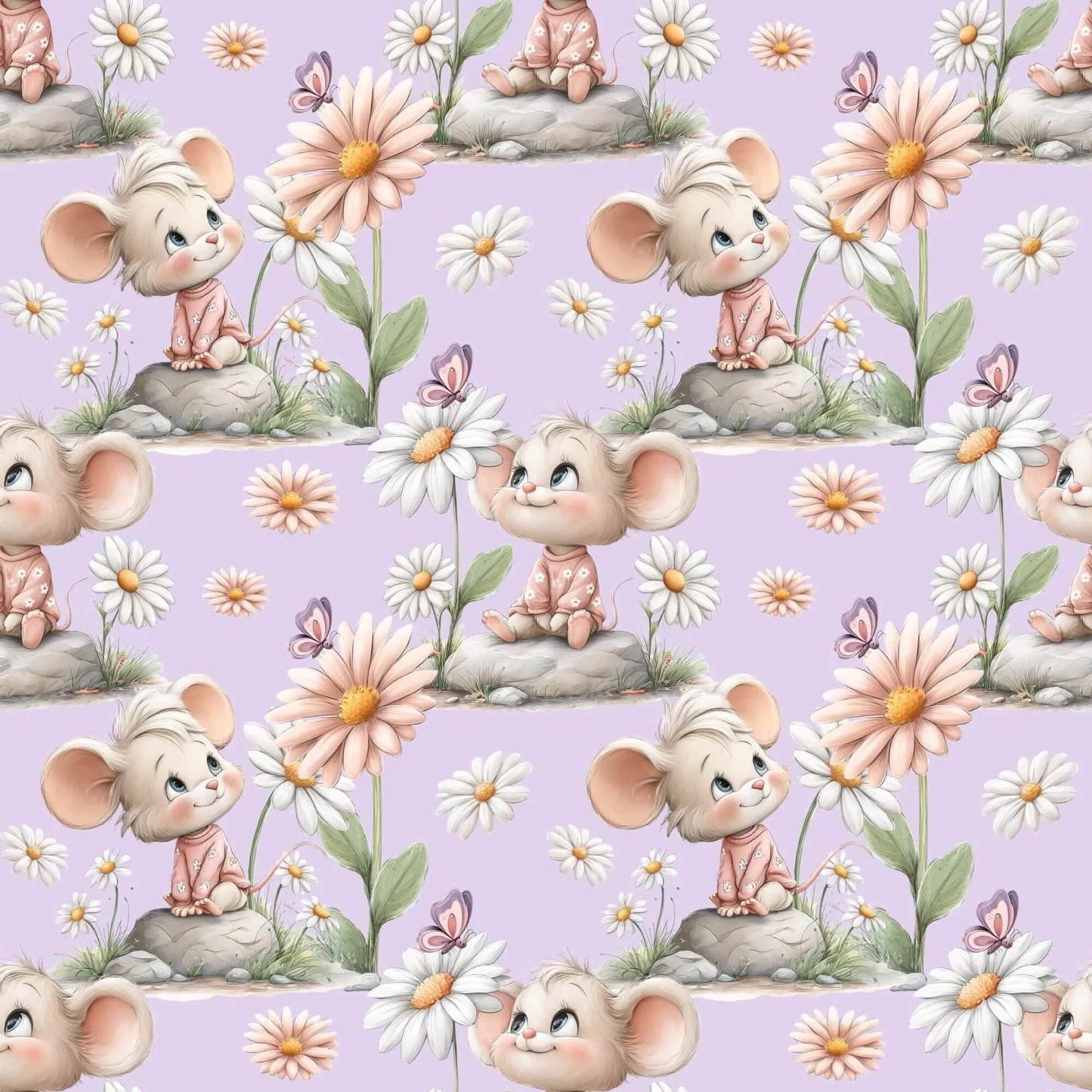 Großansicht des Stoffdesigns mit Maus und Blumen