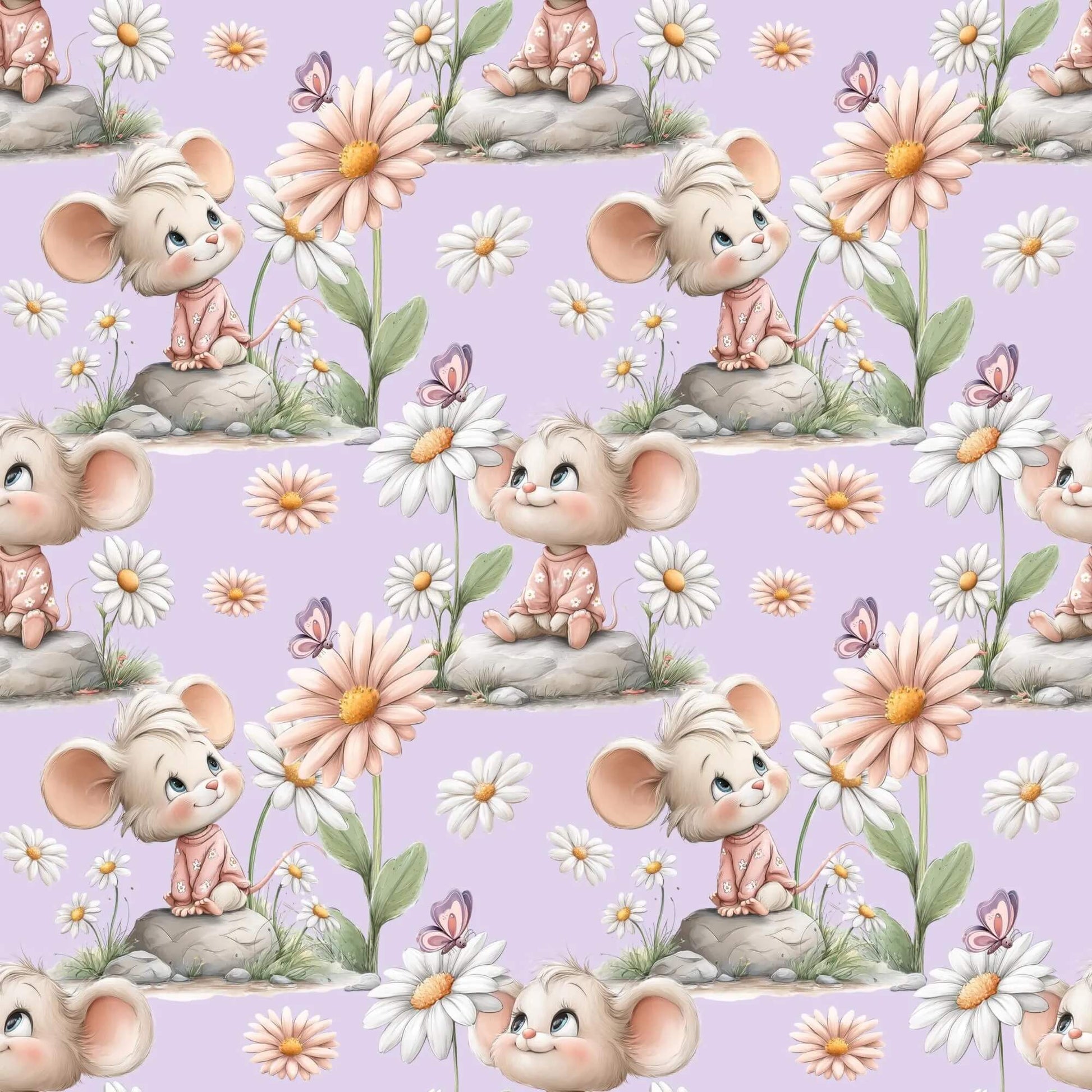 Großansicht des Stoffdesigns mit Maus und Blumen