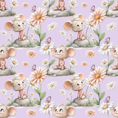 Großansicht des Stoffdesigns mit Maus und Blumen