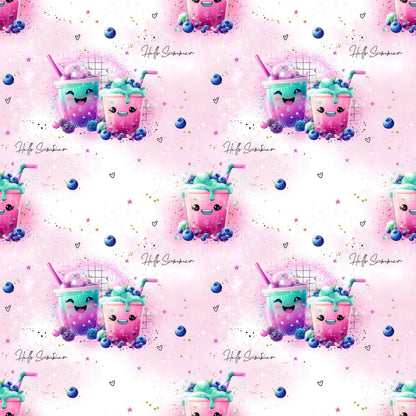 Süßer Smoothie Kinderstoff – Jersey Stoff Meterware mit Beerenmotiv
