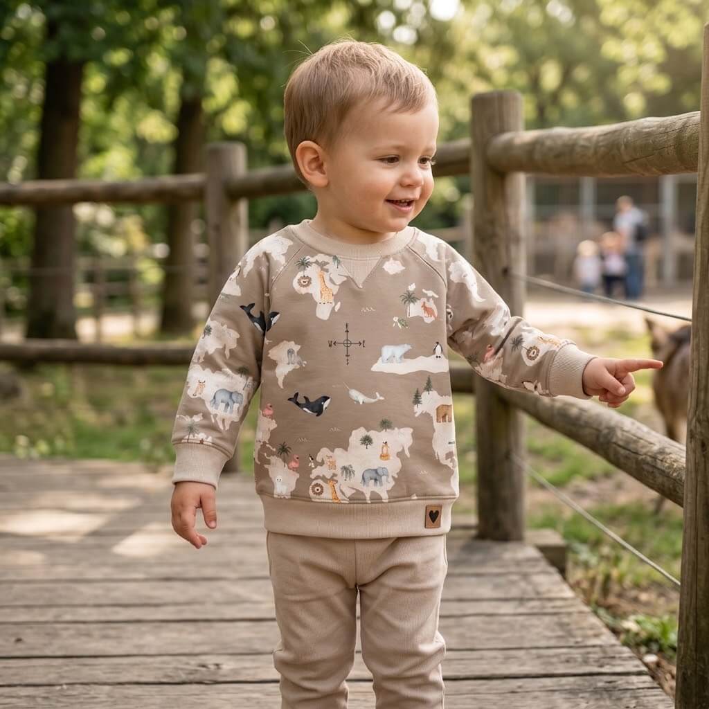 Tierische Weltreise Lifestyle-Foto im Streichelzoo mit echten Tieren, OEKO-TEX 100 Jersey Kinderstoff Deko-Szene