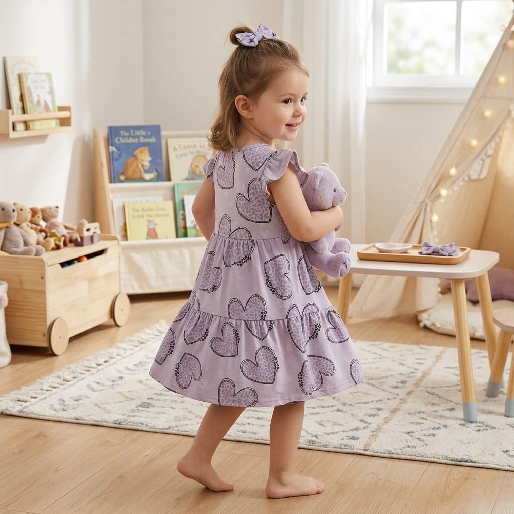 Leoherzen Mädchenstoff Lifestyle-Foto mit Haarschleife und Kuscheltier im Kinderzimmer, OEKO-TEX 100 Jersey Mädchenstoff Deko-Szene