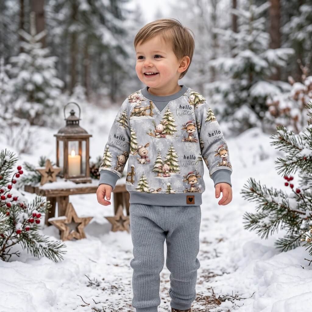 Winterfreunde Lifestyle-Foto im Schnee mit Laterne und Winterdeko, OEKO-TEX 100 Jersey Stoff Deko-Szene