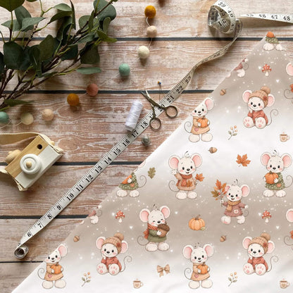 Herbstmaus Kinderstoff Meterware mit Mäusen im Herbstlook Motiv, OEKO-TEX 100 Jersey Stoff für Baby- und Kindermode