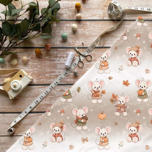 Herbstmaus Kinderstoff Meterware mit Mäusen im Herbstlook Motiv, OEKO-TEX 100 Jersey Stoff für Baby- und Kindermode