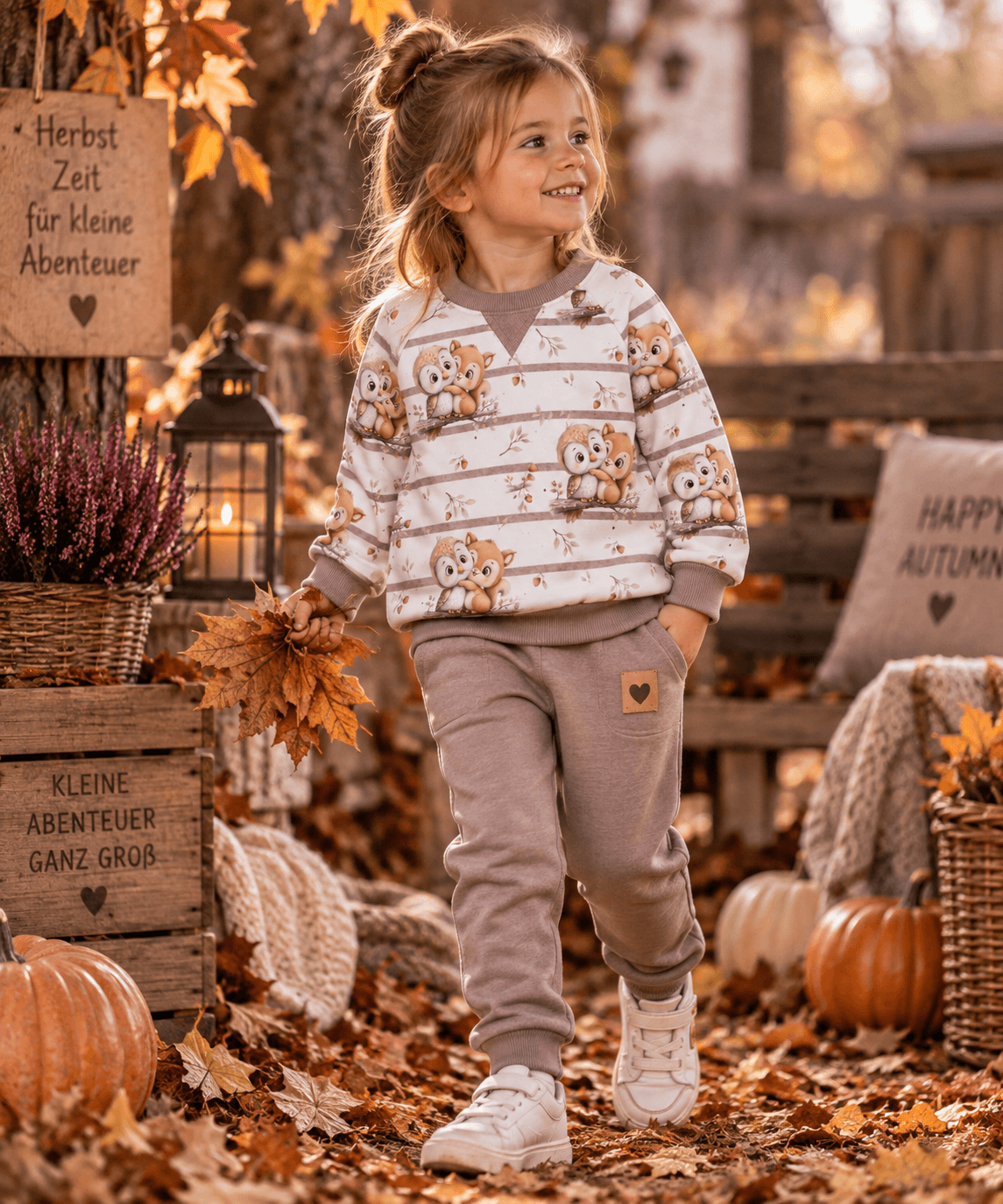 Waldherzen Lifestyle-Szene mit Herbstlaub und Kürbis-Deko, OEKO-TEX 100 Jersey Stoff Deko-Szene
