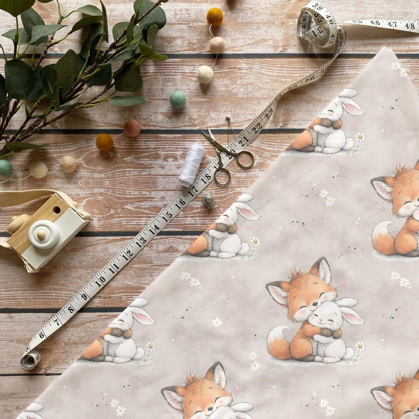 Herzensfreunde Kinderstoff Meterware mit Fuchs und Hase Motiv, OEKO-TEX 100 Jersey Stoff für Baby- und Kindermode
