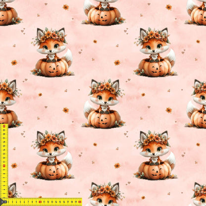 Baumwollstoff mit Fuchs und Kürbis auf rosa Hintergrund – Meterware für kreative Nähideen