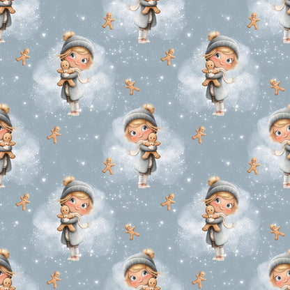 Baumwollstoff mit winterlichem Design auf blauem Hintergrund – Meterware für kreative Nähideen