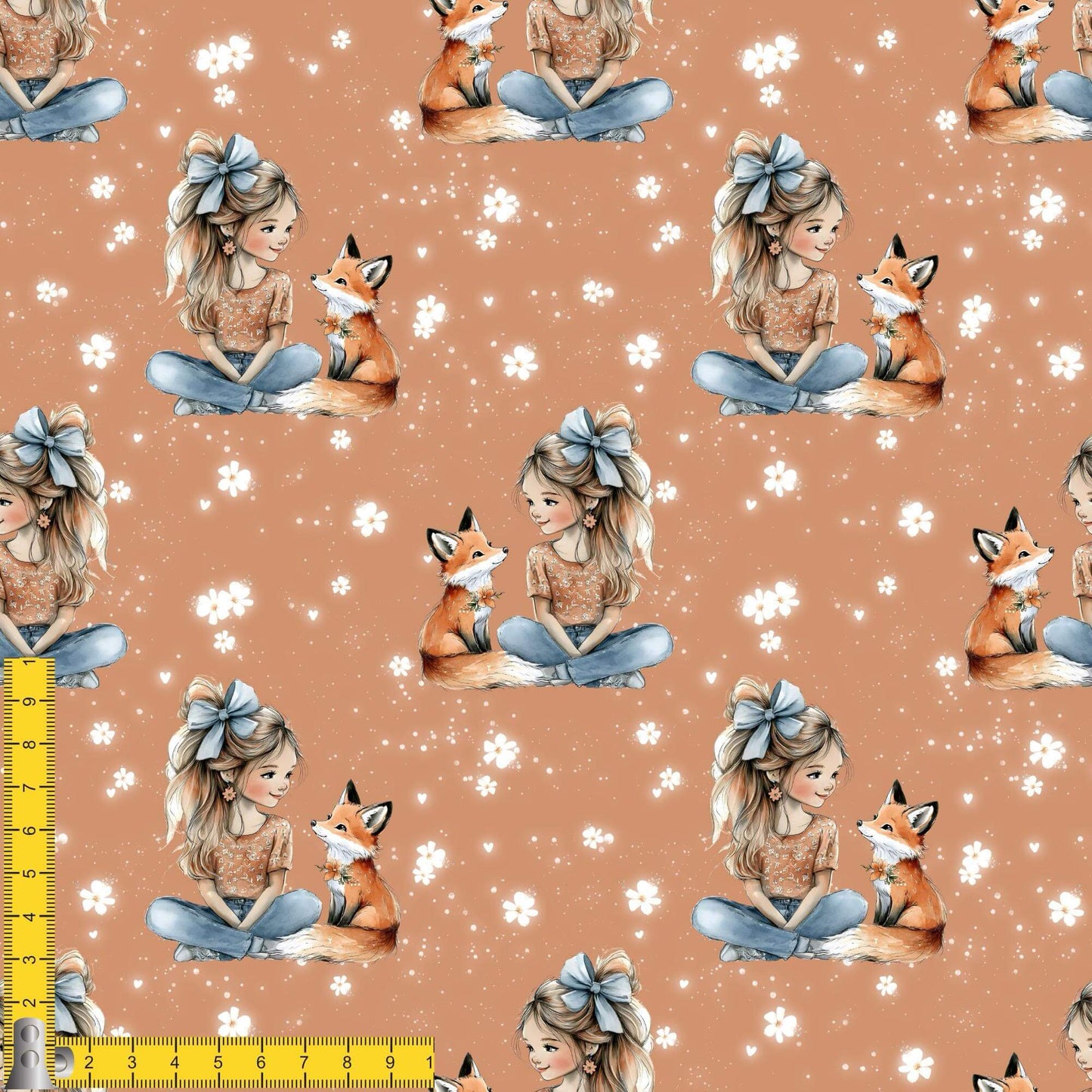 Baumwollstoff mit Fuchsmädchen auf warmem Hintergrund – Meterware für kreative Nähideen