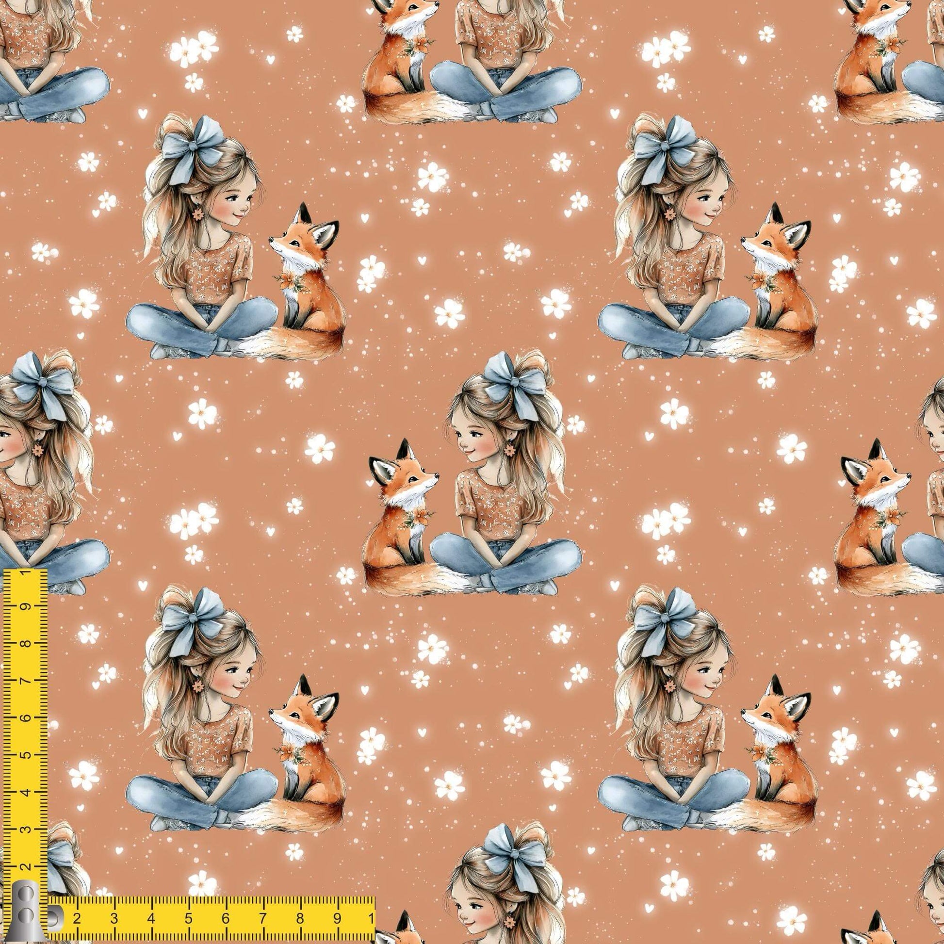 Baumwollstoff mit Fuchsmädchen auf warmem Hintergrund – Meterware für kreative Nähideen