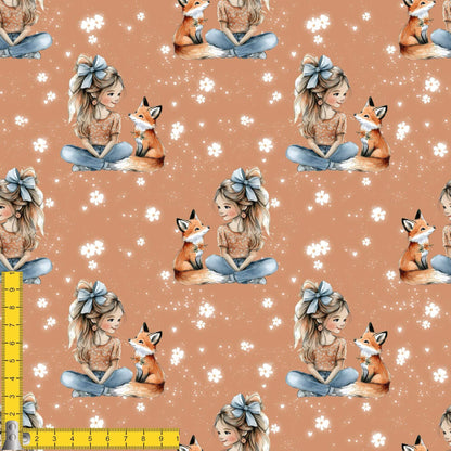 Baumwollstoff mit Fuchsmädchen auf warmem Hintergrund – Meterware für kreative Nähideen