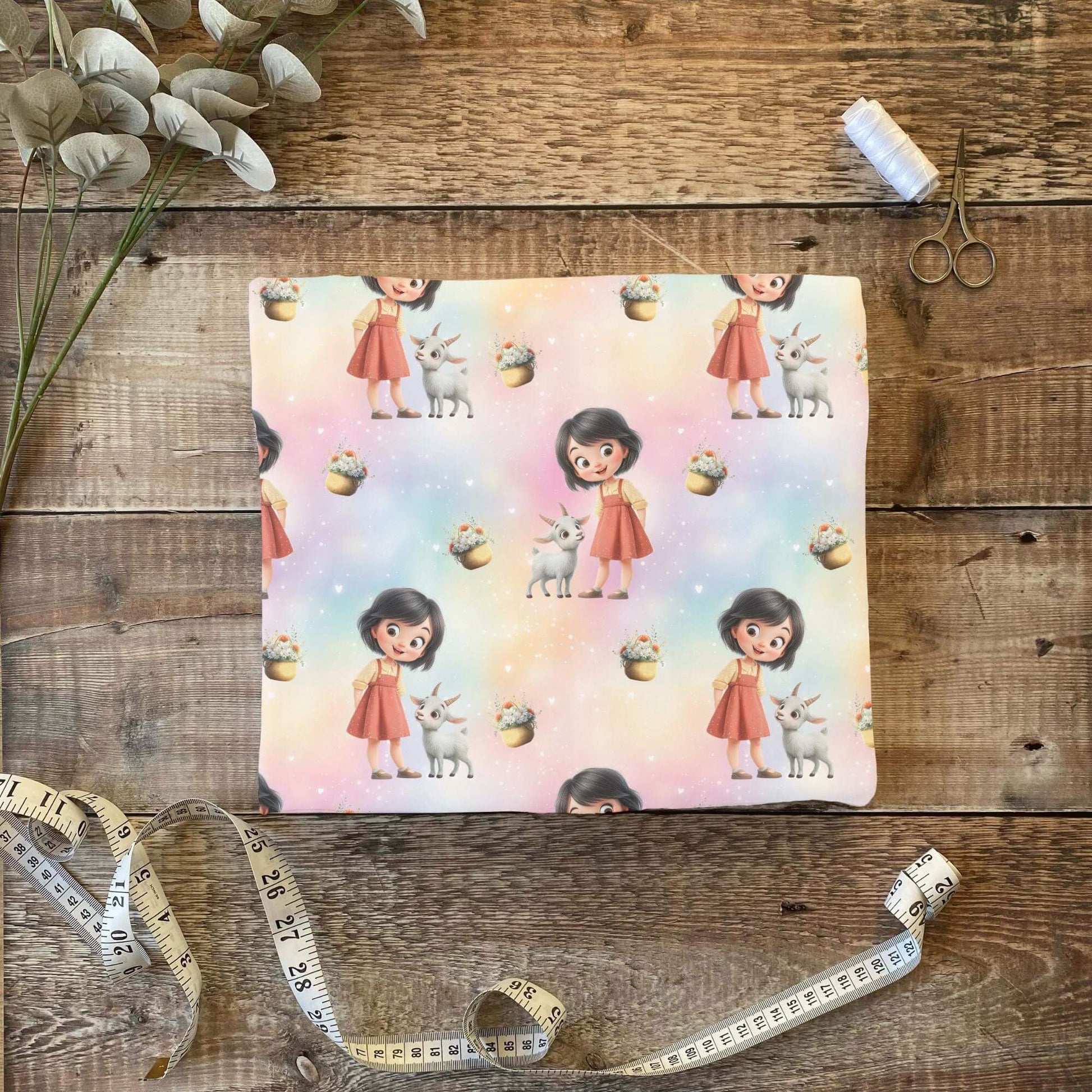 „Jersey Kinderstoff mit Almmotiv – OEKO-TEX zertifiziert & liebevoll illustriert“