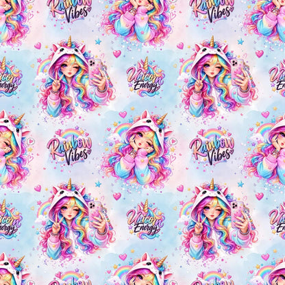 Rainbow Unicorn Vibes Musselin und Softshell Stoff Meterware mit Maßband, Stoff Meterware online kaufen