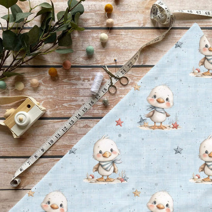 Küken am Strand Jersey 0,5 m Sofortkauf mit niedlichem Küken, Seesternen und maritimem Design – OEKO-TEX Standard 100 Kinderstoff