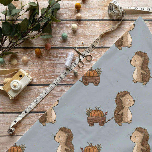Kürbisfahrt Kinderstoff Meterware mit Igel und Bollerwagen Motiv, OEKO-TEX 100 Jersey Stoff für Baby- und Kindermode