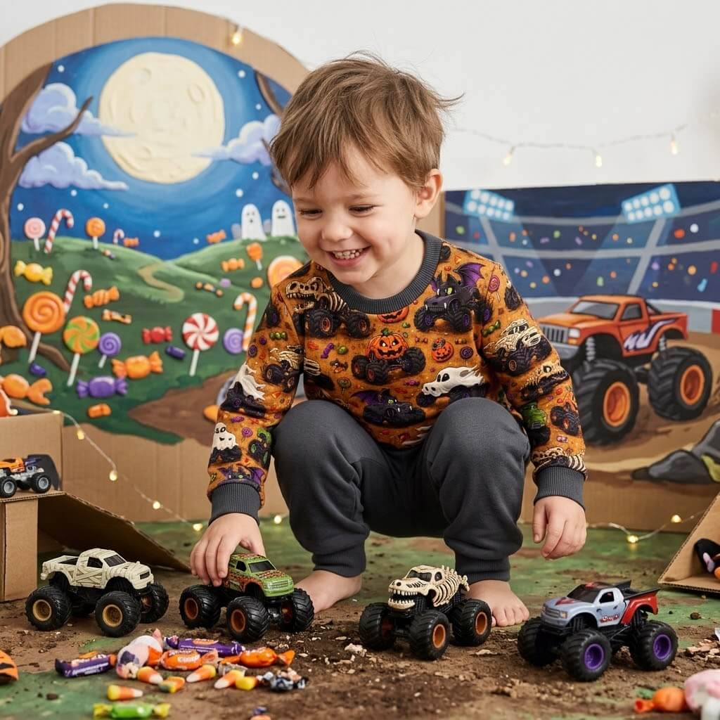 Spooky Monster Trucks Kinderpullover beim Spielen mit Monstertrucks