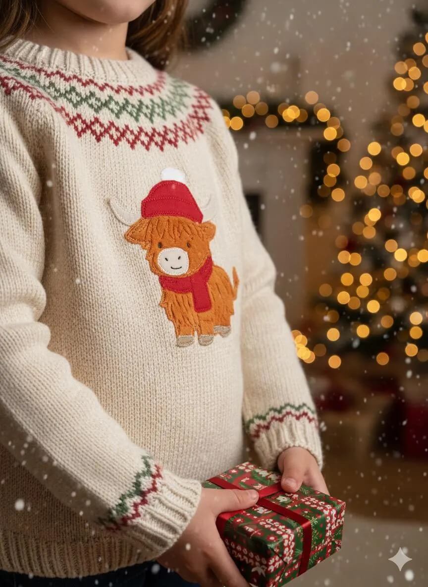 Stickdatei Winter Highland Rind für Babykleidung – digitaler Download