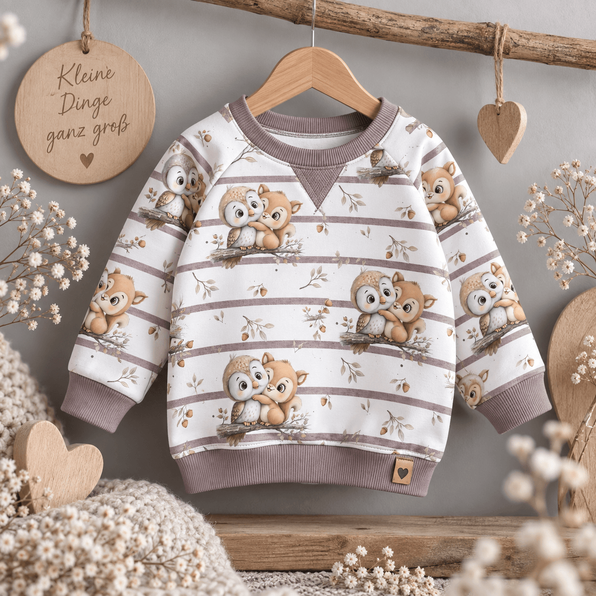 Waldherzen vernäht zu Sweatshirt und Jogginghose Set, Kind trägt French Terry Pulli mit Eule und Eichhörnchen Motiv, OEKO-TEX 100 Kinderstoff