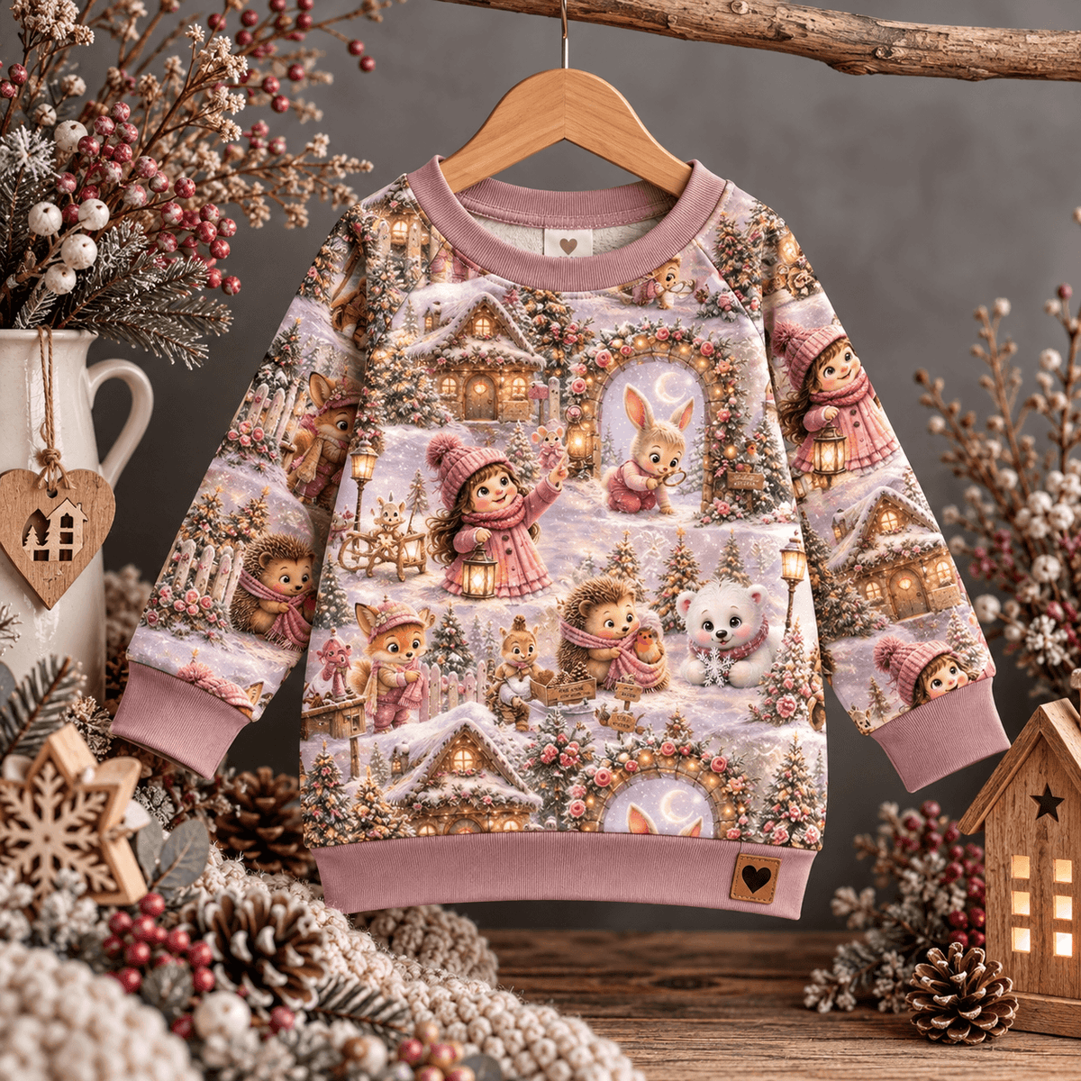Winterzauber Mädchenstoff vernäht zu Sweatshirt und Leggings Set, Mädchen trägt French Terry Pulli mit Winterdorf und Tierfreunden Motiv, OEKO-TEX 100 Mädchenstoff