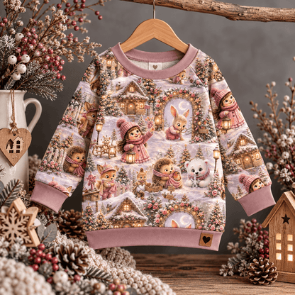 Winterzauber Mädchenstoff vernäht zu Sweatshirt und Leggings Set, Mädchen trägt French Terry Pulli mit Winterdorf und Tierfreunden Motiv, OEKO-TEX 100 Mädchenstoff