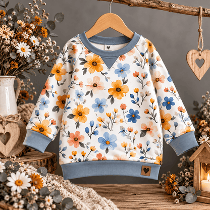 Blütenfreunde vernäht zu Sweatshirt, Kind trägt French Terry Pulli mit Aquarell Blumenwiese Motiv im Herbstwald, OEKO-TEX 100 Kinderstoff