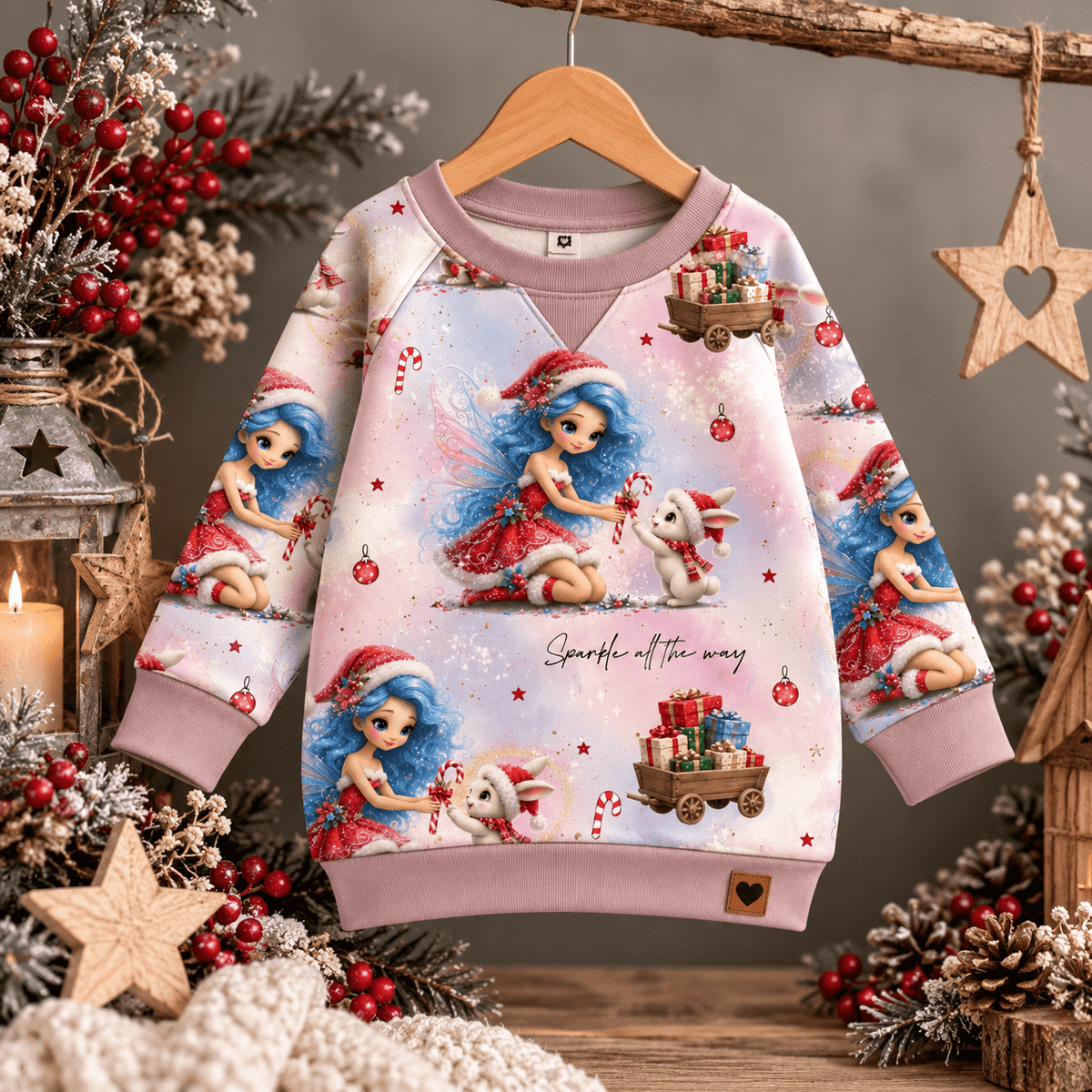 Winterliche Feenzauber Mädchenstoff vernäht zu Sweatshirt, Mädchen trägt French Terry Pulli mit Fee und Hase Motiv im Schnee, OEKO-TEX 100 Mädchenstoff