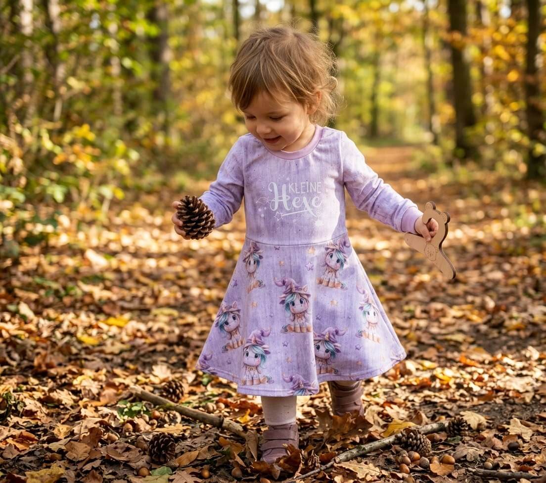 Mädchen trägt lila Kleid Kleine Hexe Sternenzauber beim Spielen im Herbstwald