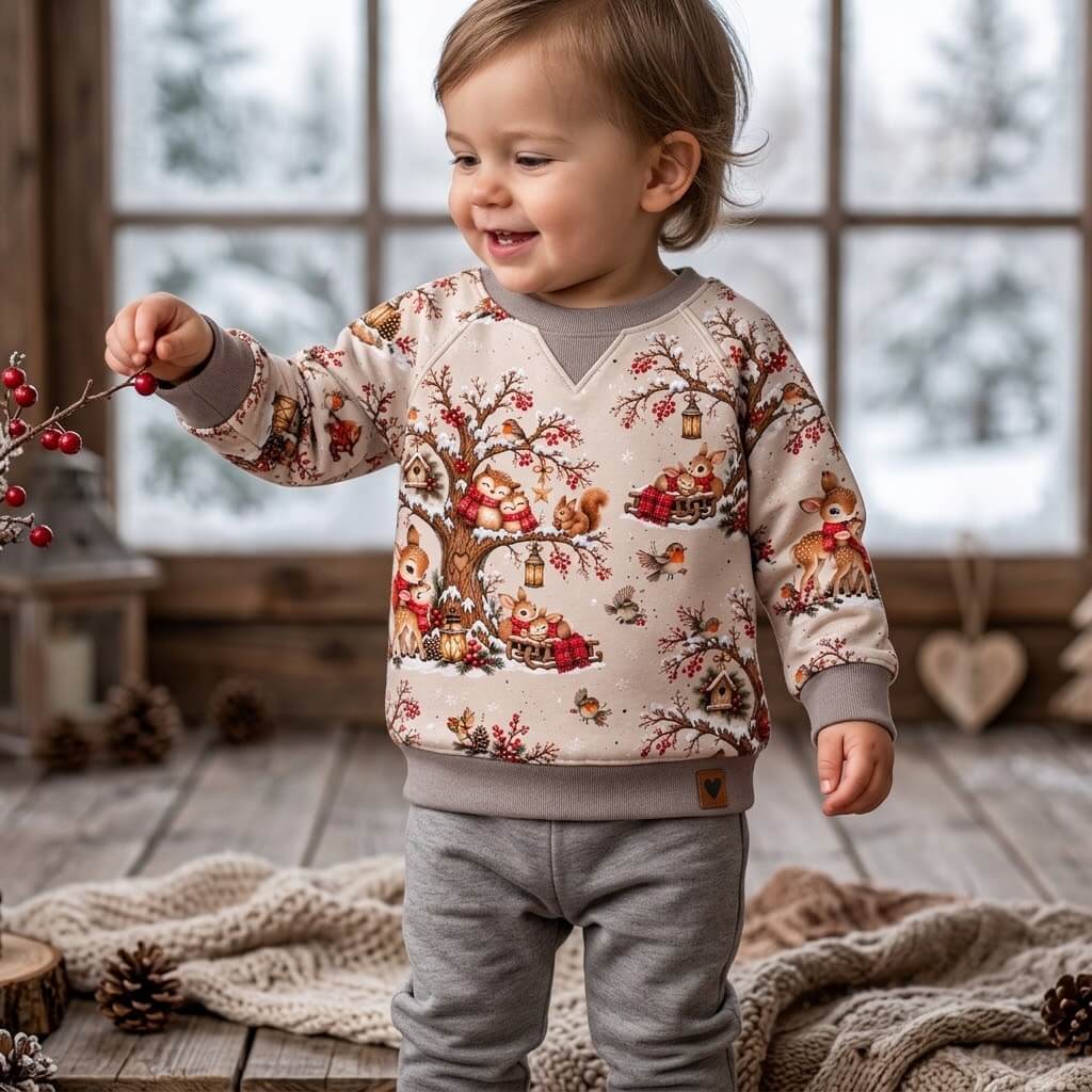 Waldzauber im Winter Lifestyle-Foto am verschneiten Fenster mit Winterlandschaft, OEKO-TEX 100 Jersey Weihnachtsstoff Deko-Szene