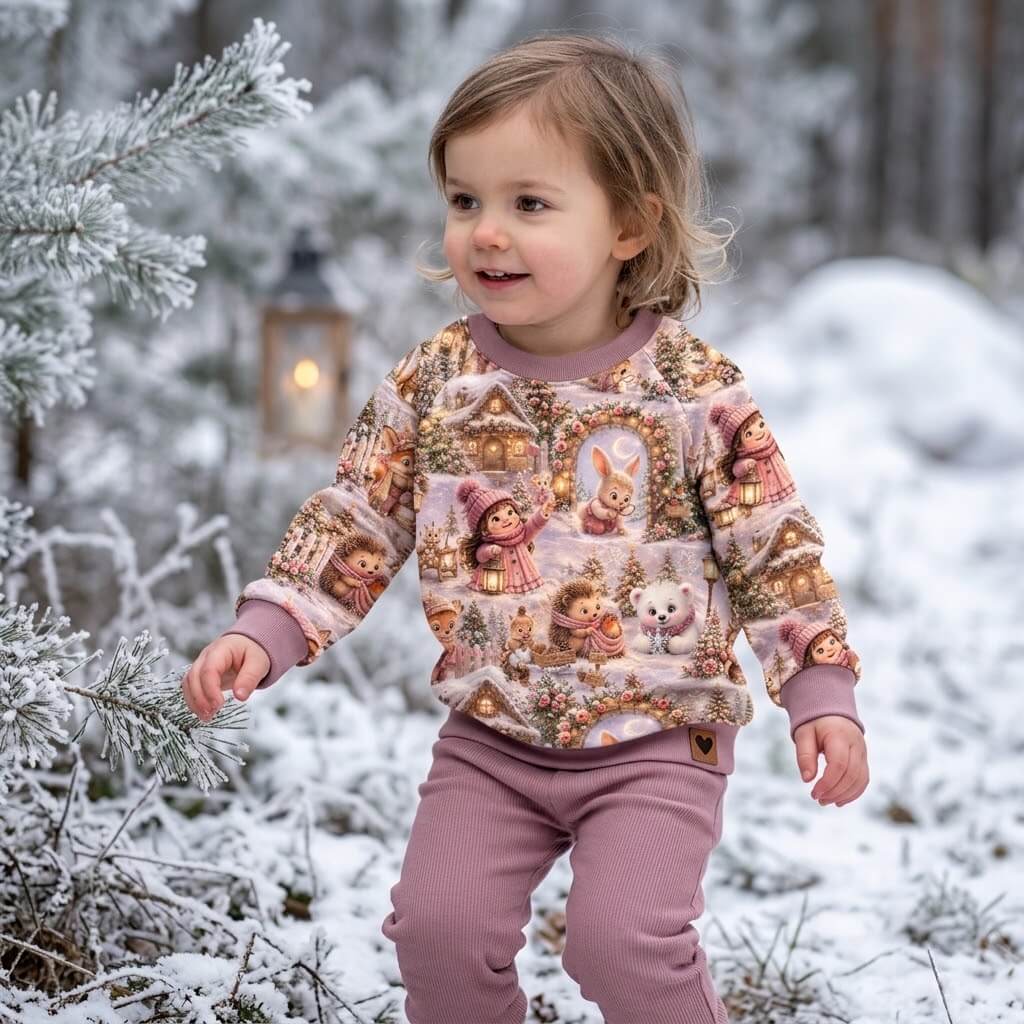Winterzauber Mädchenstoff Lifestyle-Foto im Schnee mit Laterne und Winterdeko, OEKO-TEX 100 Jersey Mädchenstoff Deko-Szene