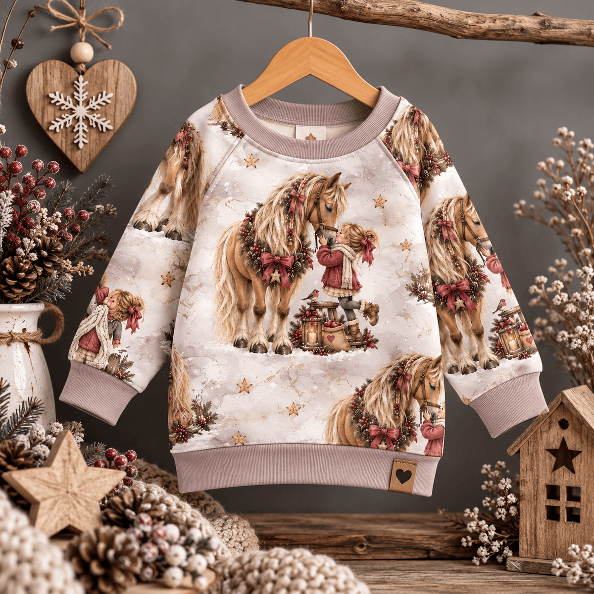 Winterliche Pferdeliebe Mädchenstoff vernäht zu Sweatshirt und Leggings Set, Kind trägt French Terry Pulli mit Mädchen und Pferd im Schnee Motiv, OEKO-TEX 100 Mädchenstoff