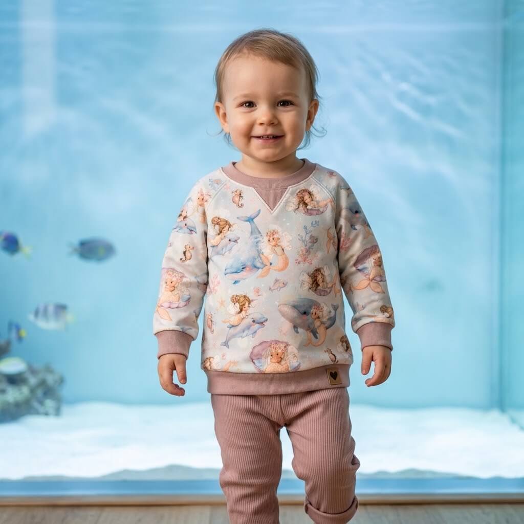 Unterwassertraum Mädchenstoff Lifestyle-Foto vor einem Aquarium mit bunten Fischen, OEKO-TEX 100 Jersey Mädchenstoff Deko-Szene