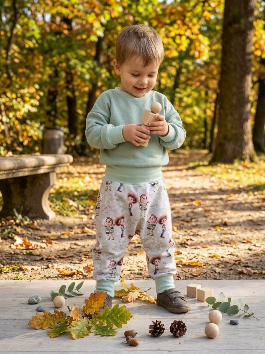Kind trägt grüne Pumphose Spielzeugfreunde beim Spielen mit Holzspielzeug im Herbstwald