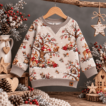 Waldzauber im Winter vernäht zu Sweatshirt und Jogginghose Set, Kind trägt French Terry Pulli mit Reh, Eule und Waldtieren im Schnee Motiv, OEKO-TEX 100 Weihnachtsstoff