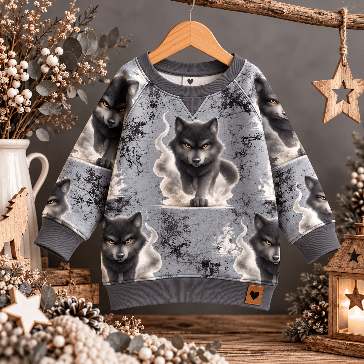 Wolf Jungenstoff vernäht zu Sweatshirt, Junge trägt French Terry Pulli mit Wolfswelpe Motiv im Wald, OEKO-TEX 100 Jungenstoff