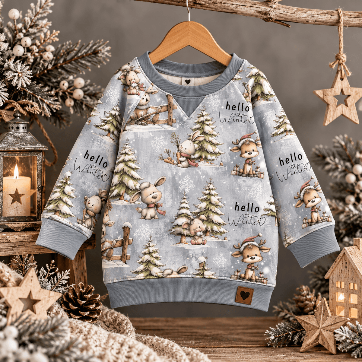 Winterfreunde vernäht zu Sweatshirt und Leggings Set, Kind trägt French Terry Pulli mit Pony, Lamm, Reh und Hase Motiv im Schnee, OEKO-TEX 100 Kinderstoff